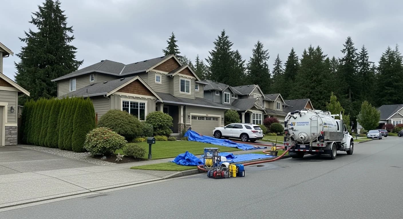 Suburban street with a restoration truck outside a home in Arlington, Washington
