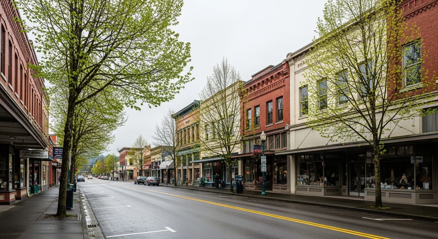 Historic brick storefronts along a downtown street in Mount Vernon, Washington