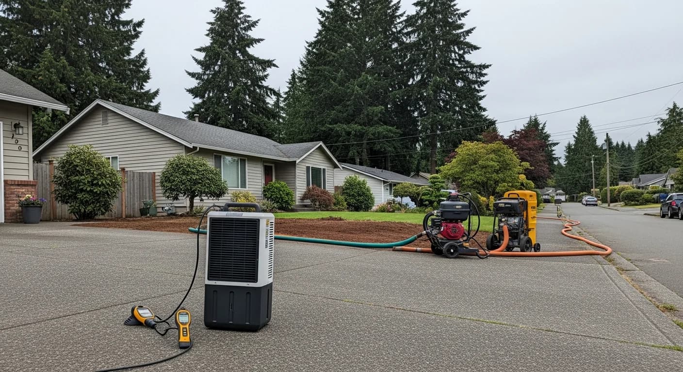 Drying equipment outside a home on a residential street in North Everett, Washington