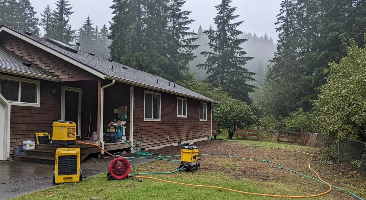 Home with drying equipment set up in the yard in Sedro-Woolley, Washington