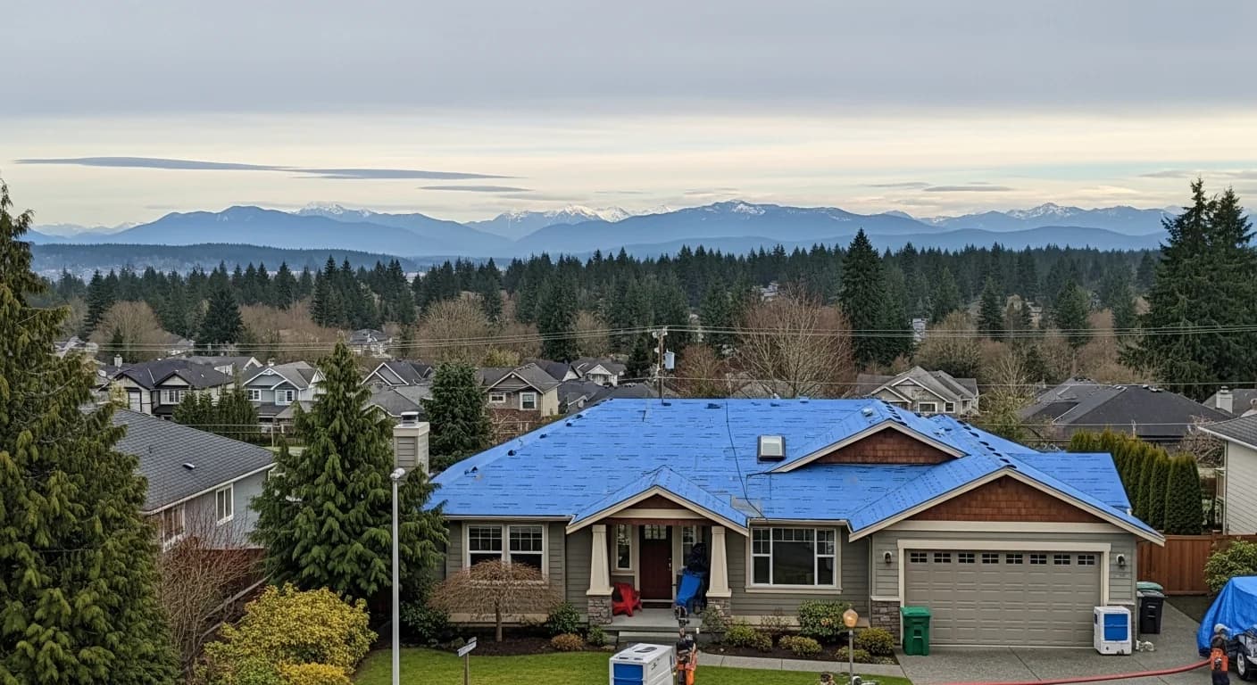 Neighborhood homes with the Cascade foothills beyond in northwest Washington