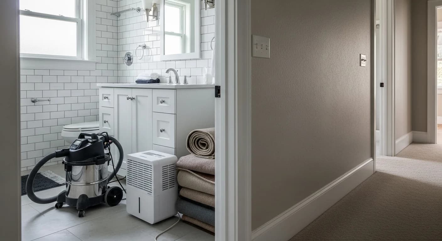 Bathroom mid-remodel with new vanity, fixtures and tools on the floor