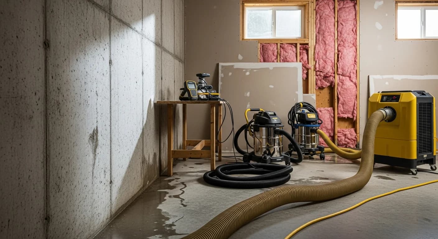 Flood damage restoration in a basement with opened walls and drying equipment
