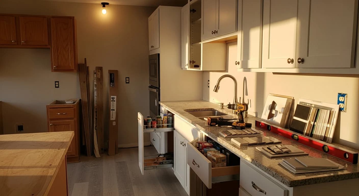 Kitchen mid-remodel with new white shaker cabinets going in beside old oak cabinets, a granite counter and tile samples