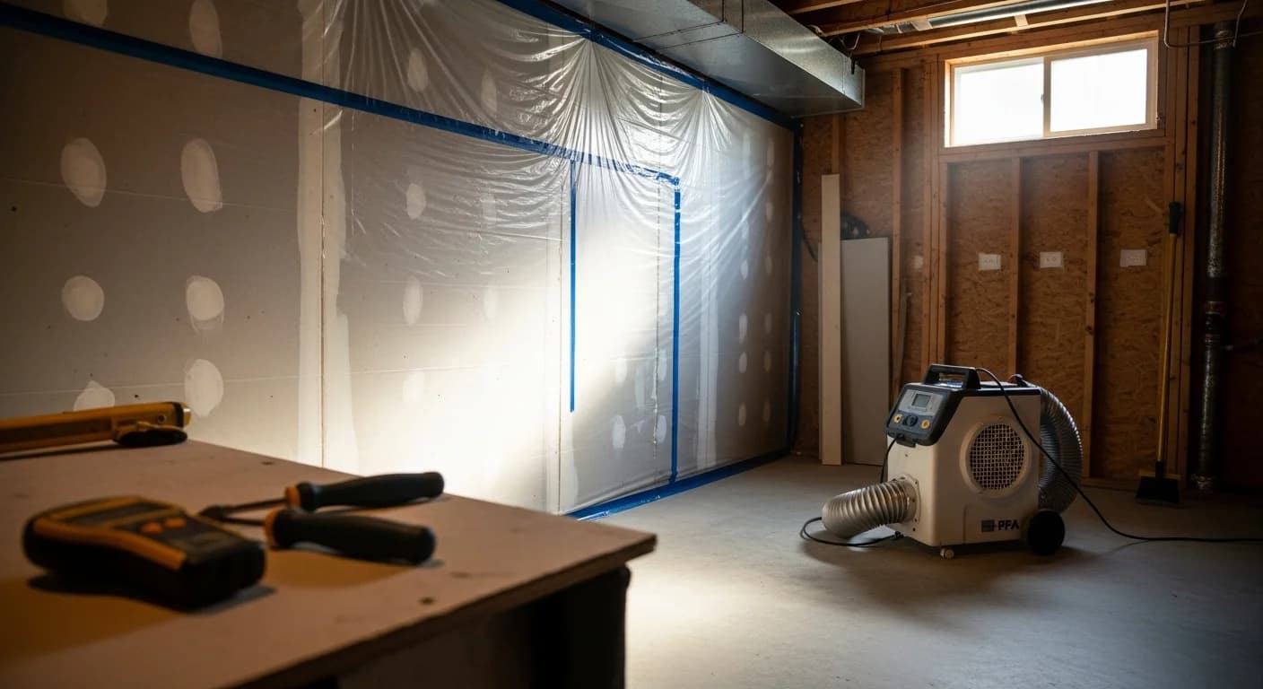 Plastic containment barrier and air mover set up for mold mitigation