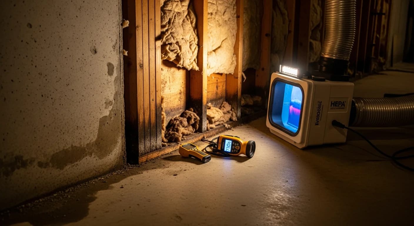Opened wall with mold-damaged insulation and a HEPA air scrubber during mold removal