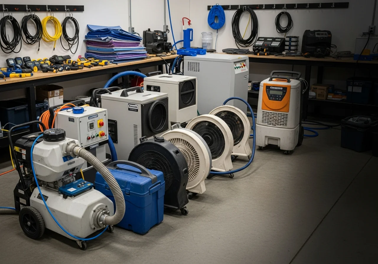 Professional restoration crew with water extraction and drying equipment on site, ready for emergency response.