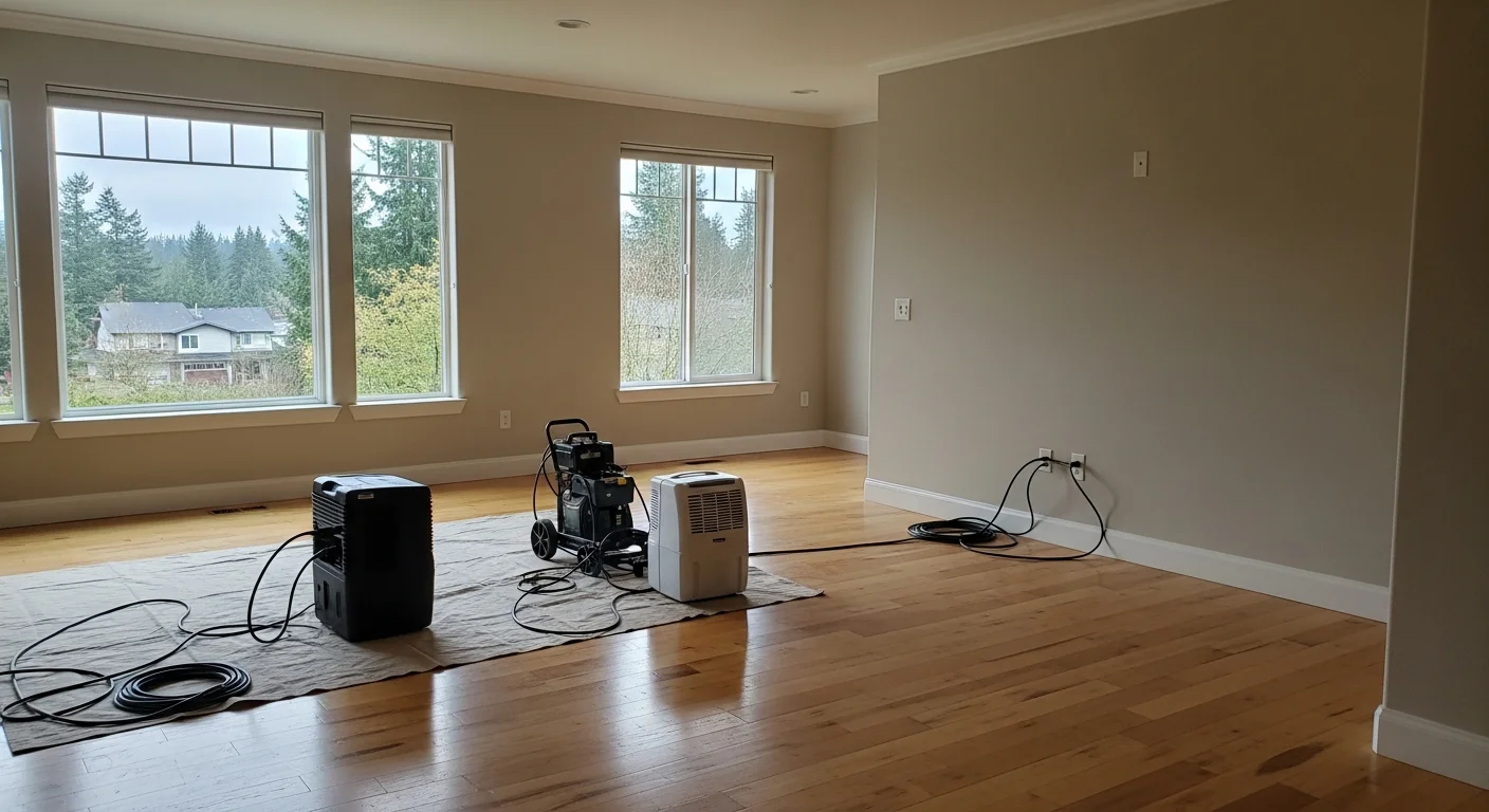 Water damage restoration crew removing water from flooded basement