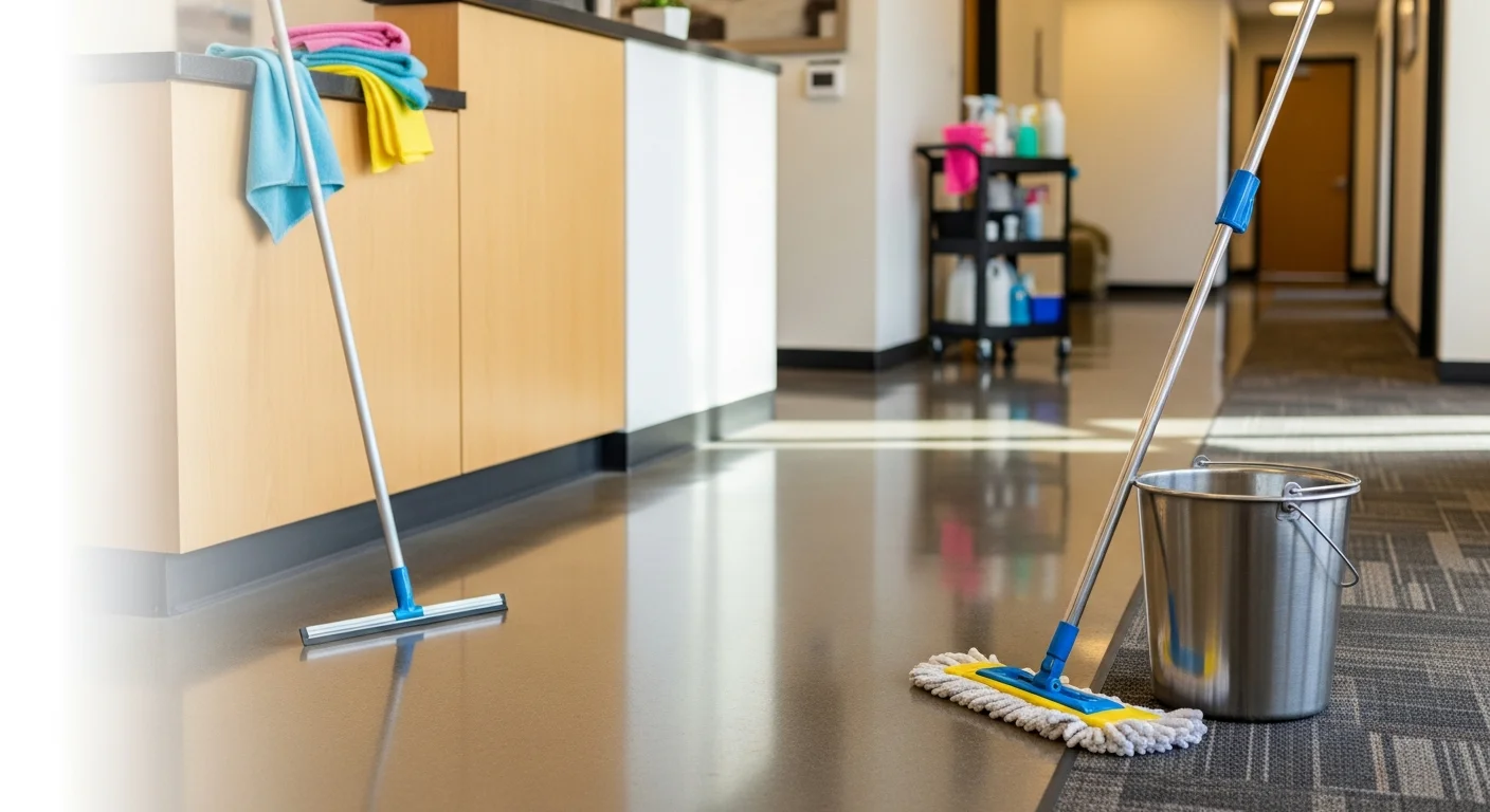 A clean commercial office space in Marysville, Washington with wiped-down desks, polished hard floors, and empty trash bins after a professional cleaning visit by TDC Cleans and Dry. The space shows no visible dust, debris, or clutter on surfaces or in common areas.