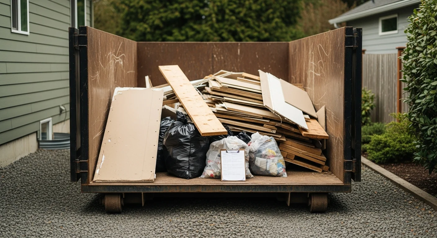 A roll-off dumpster placed on a residential driveway in Marysville, Washington, filled with renovation debris and household junk during a home cleanout project. TDC Cleans and Dry crew prepares the container for pickup after a property cleanup.