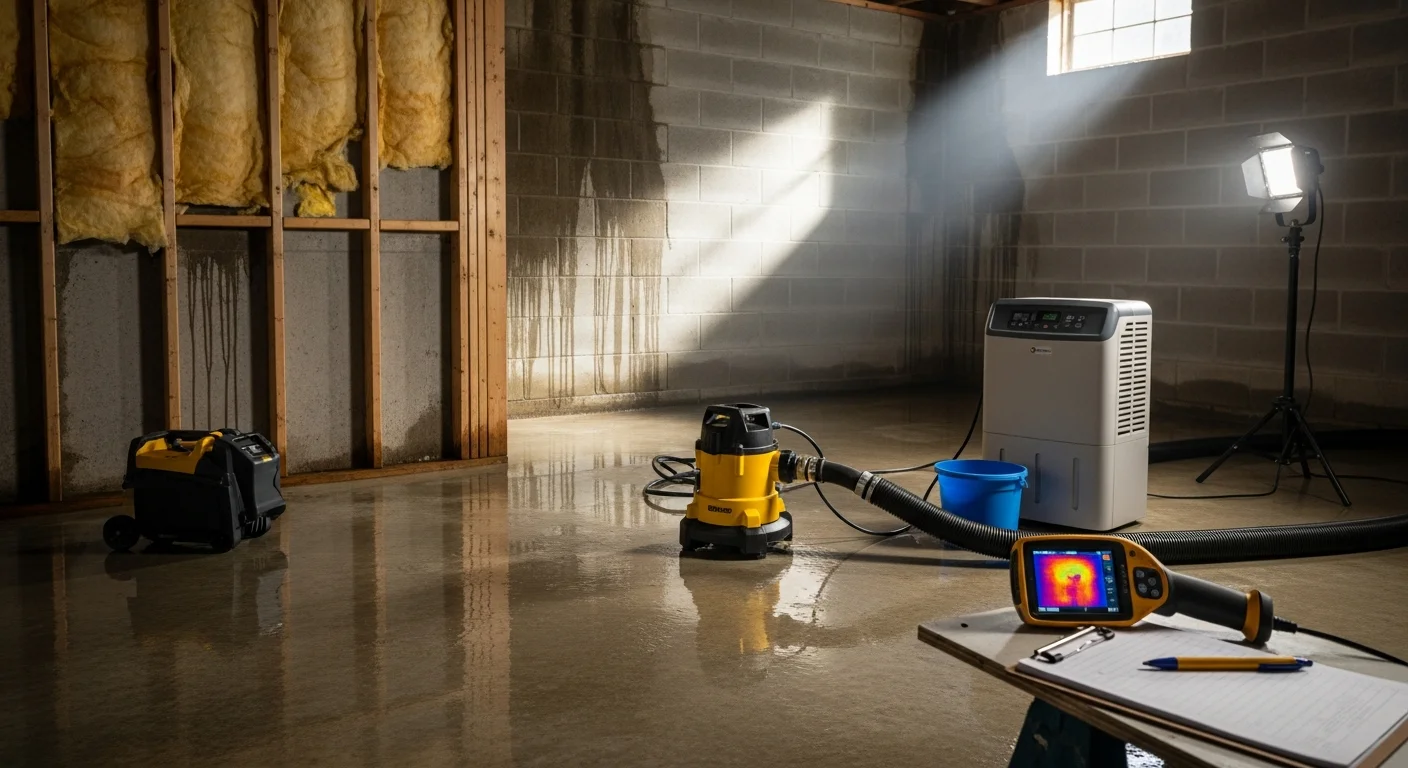 A water-damaged living room floor in a Marysville, Washington home with standing water being extracted by an industrial pump. A restoration technician monitors moisture readings near a saturated baseboard.