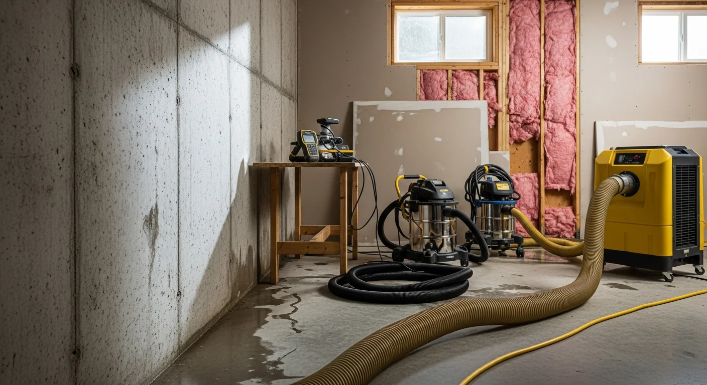 A Marysville, Washington home interior showing a technician using extraction equipment to remove standing floodwater from a damaged living room floor. Water lines are visible on the lower walls, with drying equipment staged nearby.