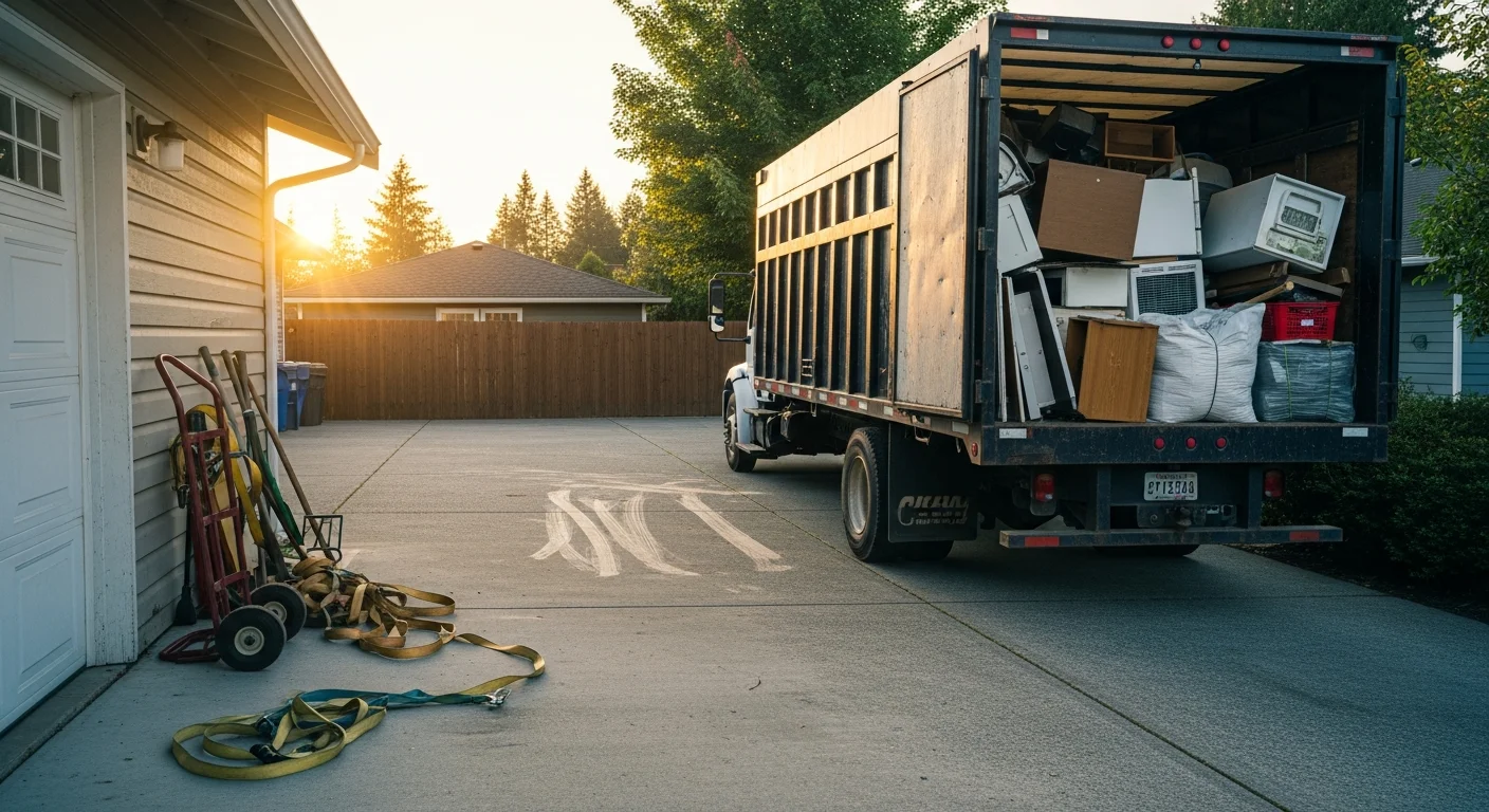 A cleared Marysville garage with old furniture and appliances removed, showing an empty concrete floor and open space. A TDC Cleans and Dry crew member loads the last items onto a truck parked in the driveway.