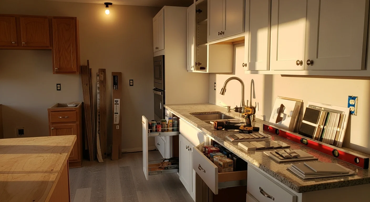 Remodeled kitchen interior in a Marysville, Washington single-family home, showing new cabinetry, updated countertops, and fresh flooring. Work completed by TDC Cleans and Dry as part of a full kitchen remodeling project.