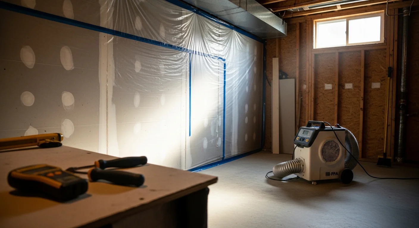 A mold mitigation technician in protective gear removing mold-damaged drywall from a crawlspace in a Marysville, Washington home. Containment plastic sheeting lines the work area and an air scrubber runs in the background.
