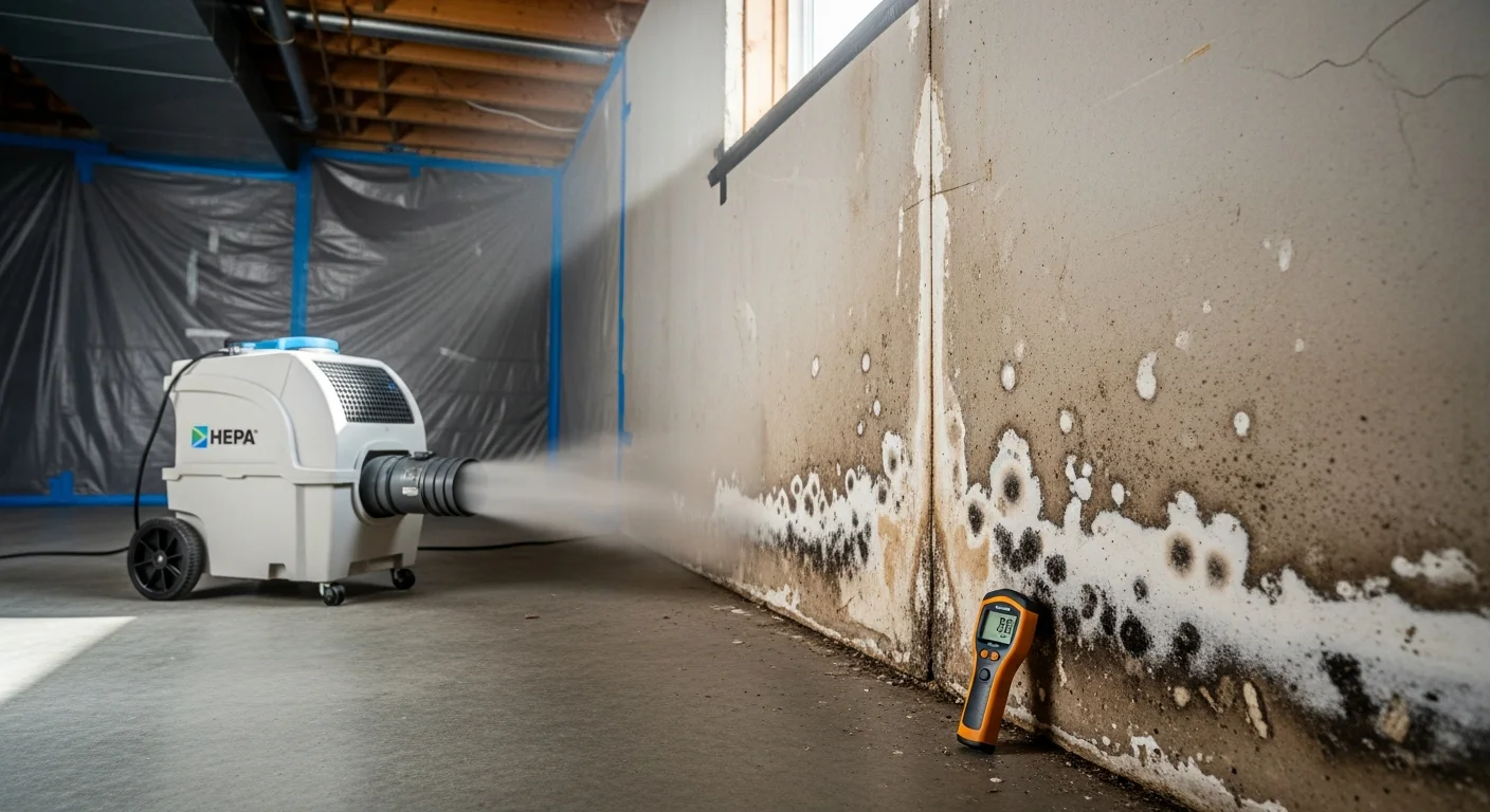 A mold remediation technician in protective gear removing mold-damaged drywall from a basement wall in a Marysville, Washington home. Containment plastic sheeting is visible in the background, separating the work area from the rest of the house.