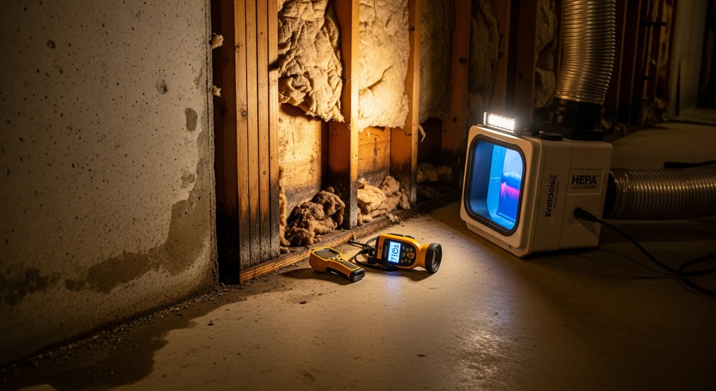 A Marysville, Washington crawlspace with visible mold growth on wood framing before professional removal. A technician in protective gear inspects the affected area with a moisture detection tool.
