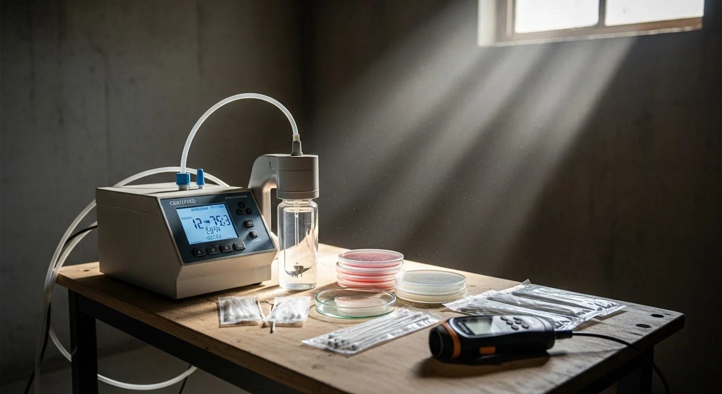 A mold testing technician collecting an air sample inside a Marysville, Washington home with visible moisture staining on a basement wall nearby. Sampling equipment and a collection cassette are visible in the foreground.
