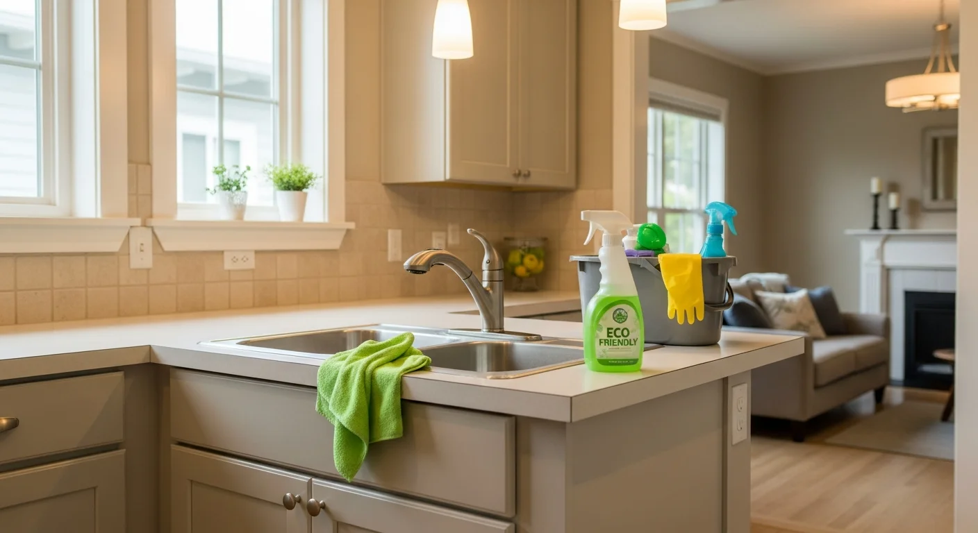 A clean, bright kitchen inside a single-family home in Marysville, Washington, with wiped counters, scrubbed surfaces, and a freshly mopped floor after a residential cleaning service by TDC Cleans and Dry.