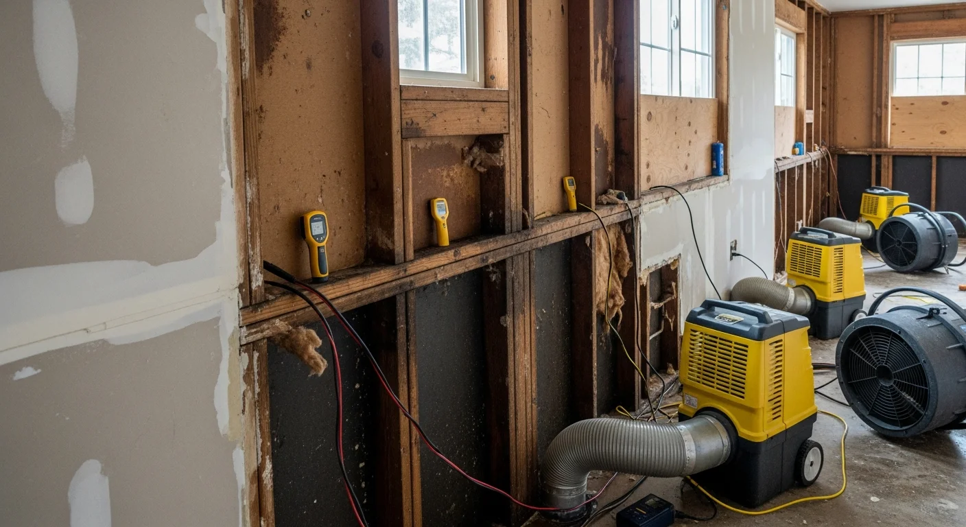 Industrial air movers and dehumidifiers positioned along the baseboards of a water-damaged room in a Marysville, Washington home. Moisture meters and drying equipment are visible against wet drywall and subfloor materials during active structural drying.