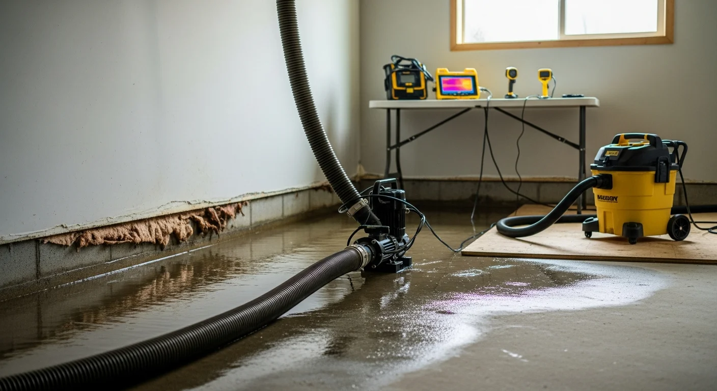 A water extraction technician using a truck-mounted pump to remove standing water from a flooded living room floor in a Marysville, Washington home. Water damage visible on baseboards and lower drywall.