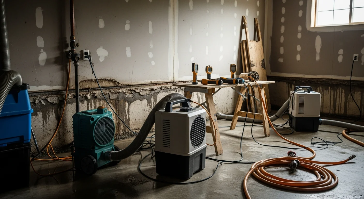 A water mitigation technician using extraction equipment on a water-damaged floor inside a Marysville, Washington home. Industrial dehumidifiers and air movers are set up in the background to dry the affected area.